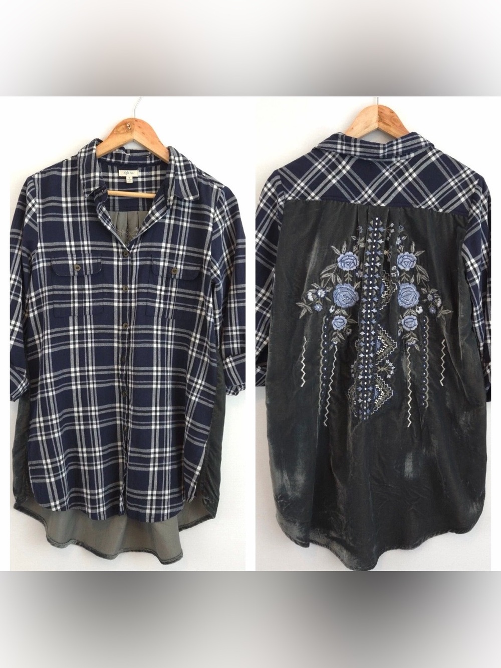 Kyla Seo Women's Plaid Button Down Tunic Boho Velvet Embroidered Back